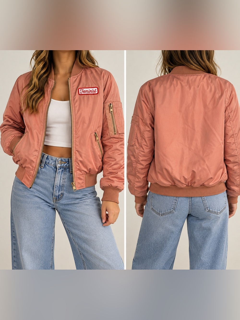 Six Crisp Days Feminist Pink Bomber Jacket Size S
